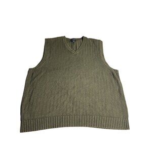 Lands End  mens Olive Green V-Neck Cotton Knit Sweater Vest XL 46-48